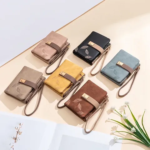 Women Wallet Matte PU Leather Leaf Buckle Bifold Coin Purse Multi Card Slot Clutch Handbag With Wristlet Strap Retro Style
