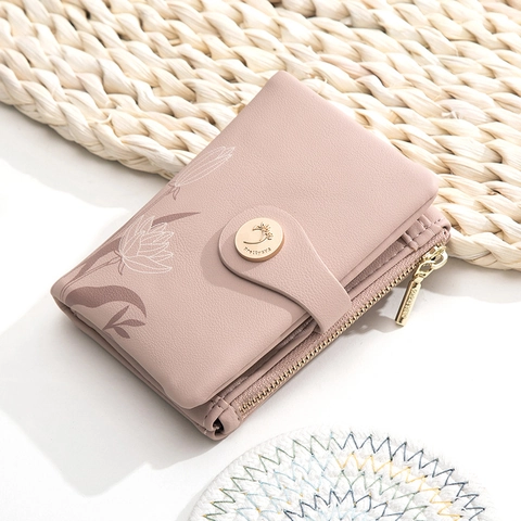 Cartera Pequeña para Mujer de Cuero PU con Estampado Floral Bifold Corto con Bolsillo para Monedas con Cremallera Portatarjetas