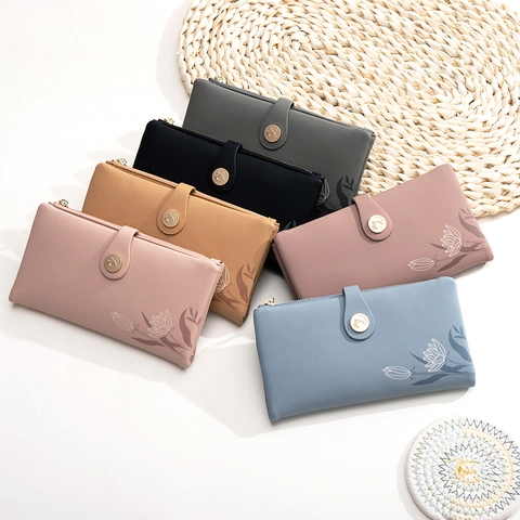 Portafoglio Lungo Donna Pelle PU Stampa Floreale Grande Capacità Multi Slot Carte Cerniera Bottone Pressione Elegante