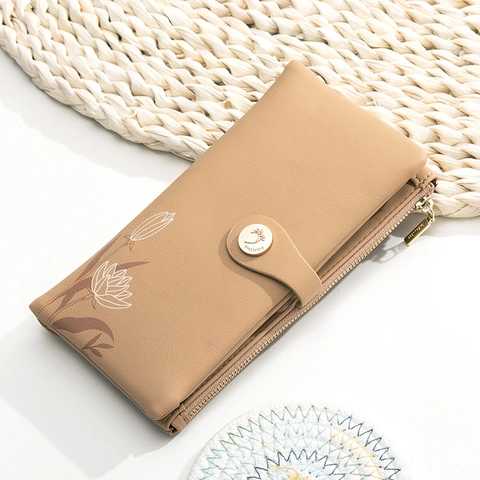 Cartera Larga Mujer Cuero PU Estampado Floral Hebilla Cremallera Gran Capacidad Bolso De Mano Ranuras Para Tarjetas