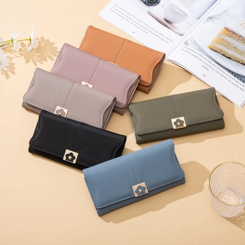 Women Long Wallet PU Leather Trifold Large Capacity Clutch Bag With Flower Buckle Zipper Snap Elegant Urban Simple Ladies