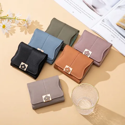 Women Wallet PU Leather Floral Metal Buckle Simple Chic Small Purse Stitching Detail Portable Multi Slot Card Holder