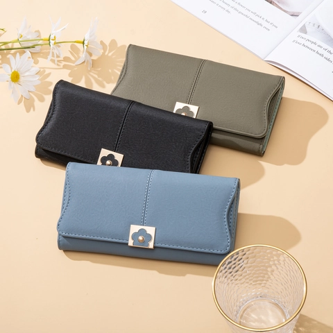 Cartera Larga Para Mujer Cuero PU Elegante Hebilla Flor Metal Triple Pliegue Múltiples Ranuras Tarjetas Bolso Mano