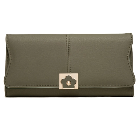 Women Long Wallet PU Leather Trifold Large Capacity Clutch Bag With Flower Buckle Zipper Snap Elegant Urban Simple Ladies