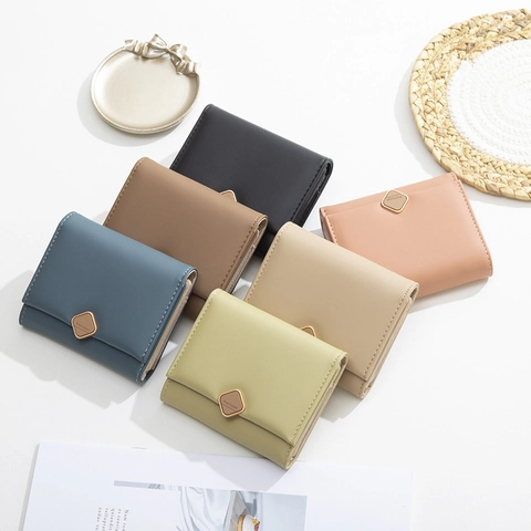 Women's Short Three-fold PU Leather Wallet Minimalist Solid Color Card Holder Coin Purse With Square Hardware Buckle
