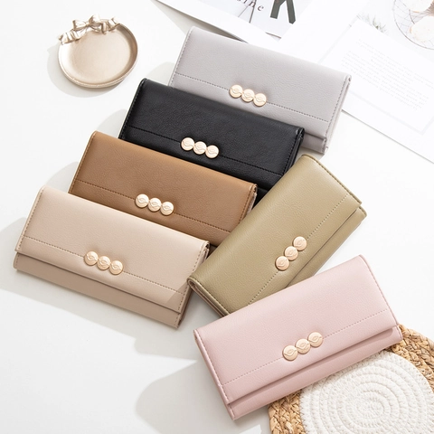 Damen Geldbörse Lang Mehrfach Gefaltet PU Leder Große Kapazität Kartenhalter Mit Blatt Metallknopf Elegante Clutch