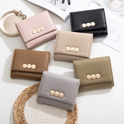 Women Short Wallet PU Leather Litchi Pattern Leaf Metal Buckle Trifold Minimalist Zippered Coin Pocket