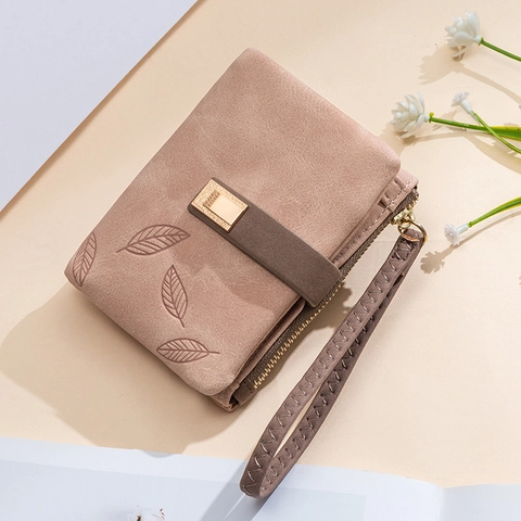 Women Wallet Matte PU Leather Leaf Buckle Bifold Coin Purse Multi Card Slot Clutch Handbag With Wristlet Strap Retro Style