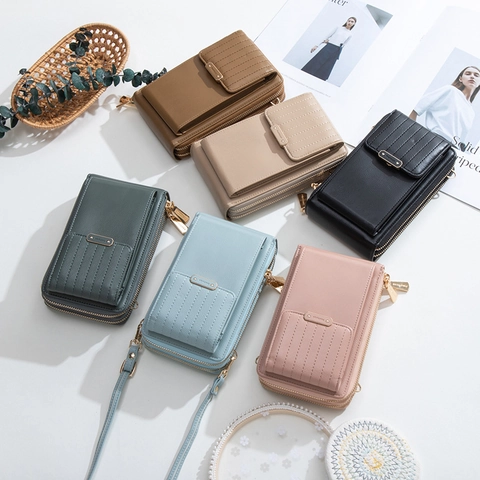 Women Vertical PU Leather Mobile Phone Bag Double Zipper Multi Layer Large Capacity Crossbody Shoulder Purse Simple