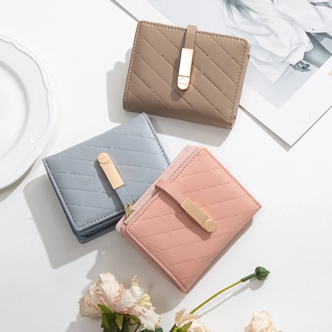 Women Short PU Leather Wallet Solid Color Quilted Purse With Metal Hasp Card Holder And Zipper Coin Pocket For Daily Use