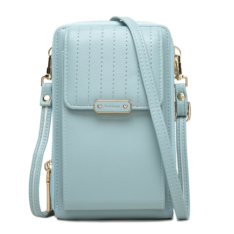 Women Vertical PU Leather Mobile Phone Bag Double Zipper Multi Layer Large Capacity Crossbody Shoulder Purse Simple