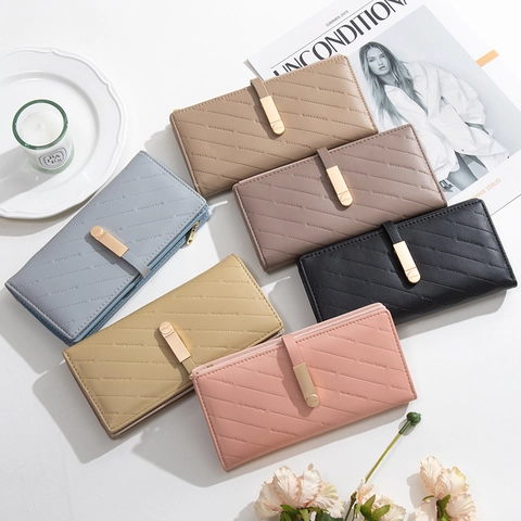 Damen Geldbörse Lang PU Leder Viele Kartenfächer Reißverschluss Schnalle Große Kapazität Clutch Elegant