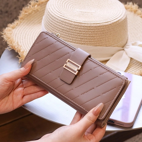 Womens Long Wallet PU Leather Multi Functional Quilted Striped Buckle Folding Clutch Minimalist Organizer For Ladies