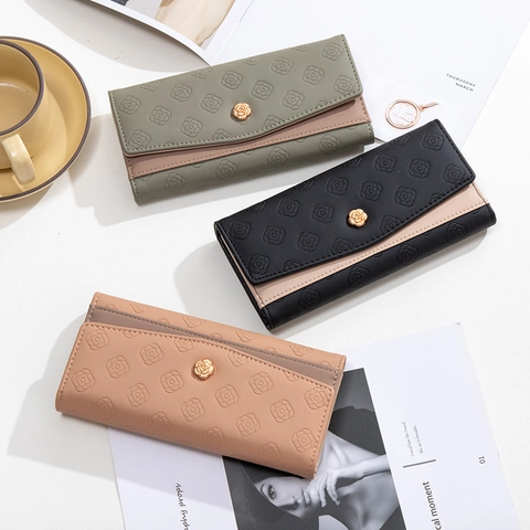 Long Portefeuille Élégant En Cuir PU Pliable Grande Capacité Pochette Motif Fleur Gaufré Boucle Métallique Florale