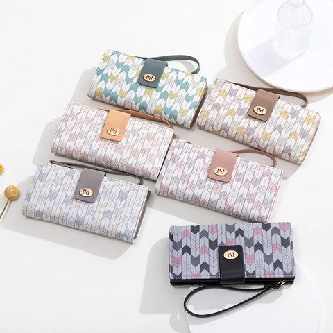 Portefeuille Long Femme en Cuir PU Style Coréen Imprimé Chevron Géométrique Pochette Avec Dragonne Grande Capacité Cadeau