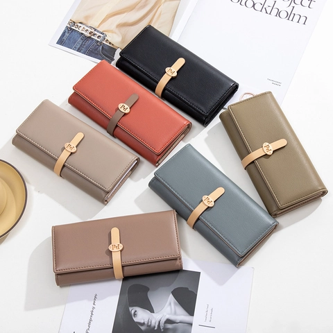 Portafoglio Lungo Da Donna Pelle PU Grana Litchi Pochette Pieghevole Con Fibbia In Metallo Scomparti Per Carte Stile Semplice Versatile