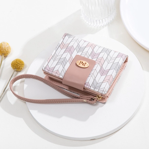 Women Short Wallet PU Leather Chevron Print Geometric Folded Purse With Wristlet Strap Multi Card Holder Snap Buckle