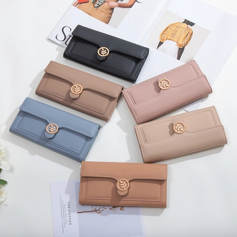 Portafoglio Lungo Donna Pelle PU Elegante Fibbia Foglia Pieghevole Pochette Con Scomparti Per Carte
