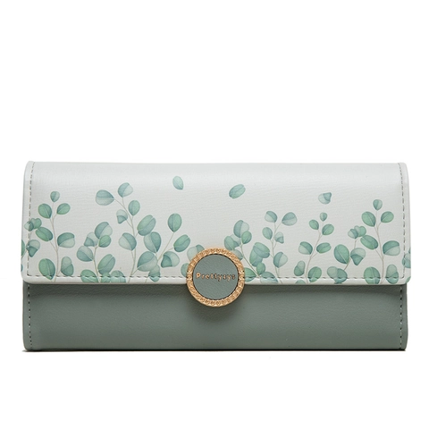 Women Fashion PU Leather Long Wallet Elegant Floral Leaf Print Clutch Wallet Contrast Color Trifold Multi Card Holder Wallet
