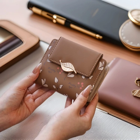 Portafoglio Corto Donna in Pelle PU Con Stampa Floreale Fibbia a Foglia Metallica Tasca Per Monete Porta Carte Pochette