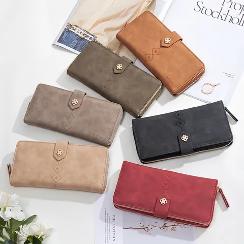 Damen Vintage Matte PU Leder Lange Geldbörse Raute Nähte Große Kapazität Reißverschluss Clutch Bag Mit Kleeblatt Schnalle