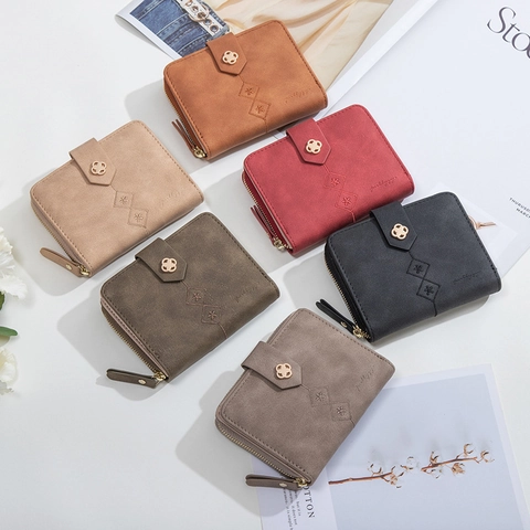 Damen Vintage Mattiertes PU-Leder Kurze Geldbörse Mit Kleeblatt-Metallschnalle Multi Kartenfächer Reißverschluss Kleingeldfach Retro Portemonnee