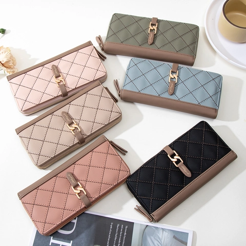 Women Long Wallet Clutch PU Leather Quilted Rhombus Pattern Metal Chain Decor Multi-functional Phone Storage Card Holder
