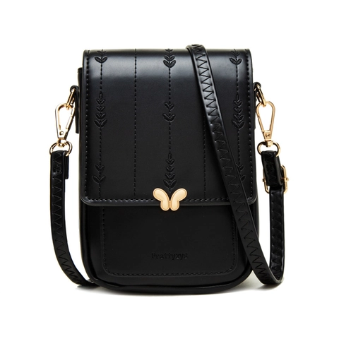 Women Small Mobile Phone Crossbody Bag PU Leather Embroidery Butterfly Buckle Vertical Shoulder Bag Sweet Style