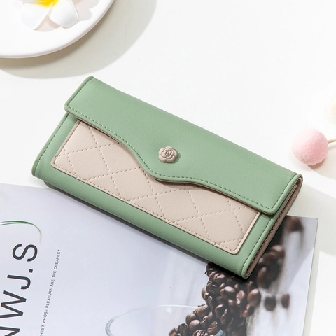 Portafoglio Lungo da Donna in Pelle PU Trapuntato a Contrasto Pochette Slot per Più Carte Fiore di Camelia Stile Coreano Borsa Regalo
