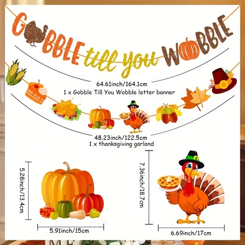 Thanksgiving Gobble Till You Wobble Glitter Banner Turkey Pumpkin Maple Leaf Hanging Garland For Party Home Decor
