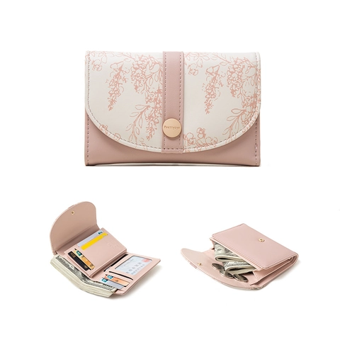 Portafoglio Da Donna Pieghevole Pelle PU Motivo Floreale Porta Carte Clutch Chiusura A Pressione