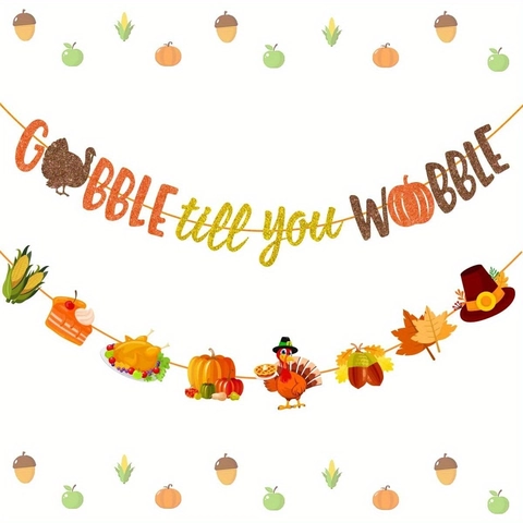 Thanksgiving Gobble Till You Wobble Glitter Banner Turkey Pumpkin Maple Leaf Hanging Garland For Party Home Decor