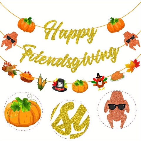 Glitter Happy Friendsgiving Banner Thanksgiving Party Decorations Autumn Maple Leaf Pumpkin Turkey Hanging Garland