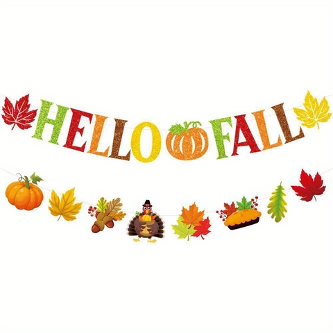Hello Fall Thanksgiving Banner Set Glitter Paper Maple Leaf Pumpkin Turkey Bunting For Autumn Harvest Party Decoration Banner