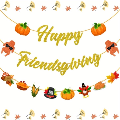 Glitter Happy Friendsgiving Banner Thanksgiving Party Decorations Autumn Maple Leaf Pumpkin Turkey Hanging Garland