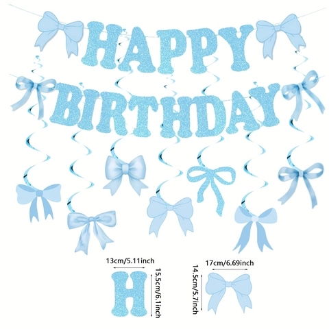 Striscione Buon Compleanno Ghirlanda Carta Glitterata Blu Chiaro Con Fiocco E Spirali Decorazioni Per Feste