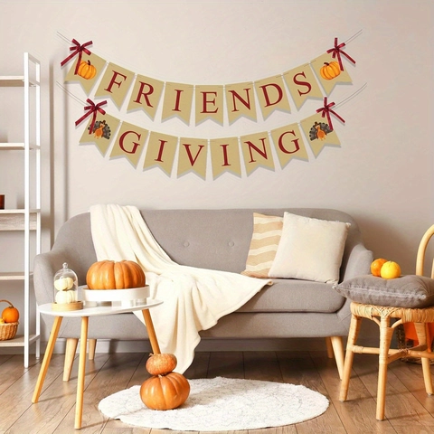 Banner Friendsgiving E Riccioli Pendenti Decorazioni Ringraziamento Carta Zucca Tacchino Foglia Acero Autunno Festa