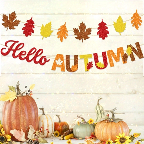Thanksgiving Autumn Maple Leaf Banner Glitter Letter Bunting Hello Autumn Give Thanks Blessed Pumpkin Harvest Party Decoration