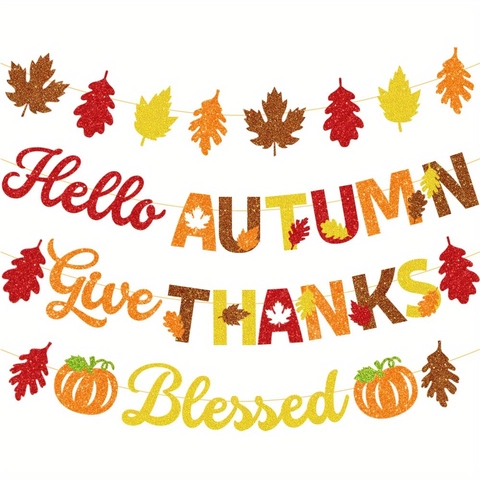 Thanksgiving Autumn Maple Leaf Banner Glitter Letter Bunting Hello Autumn Give Thanks Blessed Pumpkin Harvest Party Decoration
