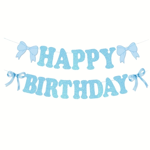 Striscione Buon Compleanno Ghirlanda Carta Glitterata Blu Chiaro Con Fiocco E Spirali Decorazioni Per Feste