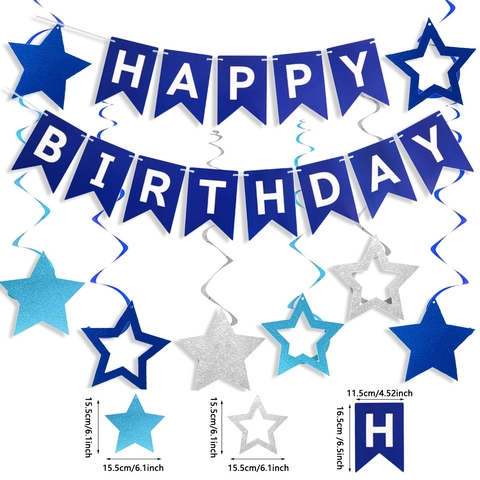 Banner Happy Birthday Carta Bandiera A Coda Di Rondine E Stelle Blu Argento Spirali Decorazioni Per Feste