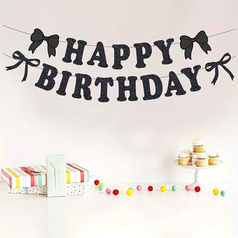 Happy Birthday Banner Black Glitter Paper Hanging Garland With Bow Ties Celebration Party Decoration Props