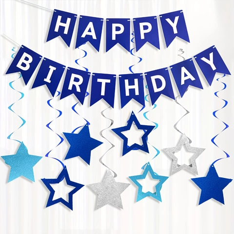 Banner Happy Birthday Carta Bandiera A Coda Di Rondine E Stelle Blu Argento Spirali Decorazioni Per Feste