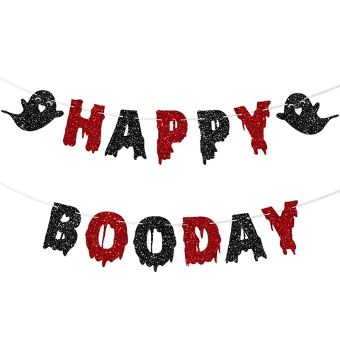 Striscione Happy Booday Glitterato Decorazioni per Feste di Halloween Ghirlanda di Carta a Motivo Fantasma per Interni