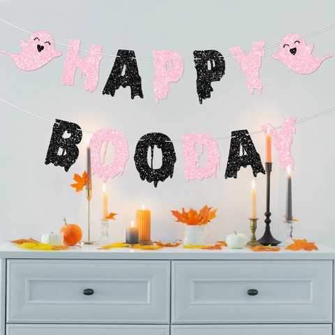 Striscione Happy Booday Glitterato Decorazioni per Feste di Halloween Ghirlanda di Carta a Motivo Fantasma per Interni