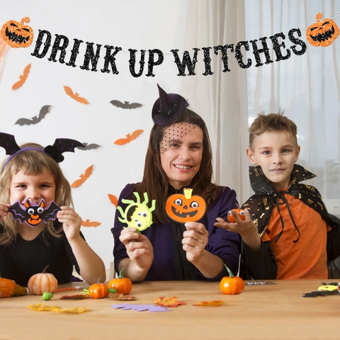 Banner Halloween Drink Up Witches Ghirlanda Di Carta Glitterata Zucca Decorazione Sospesa Per Feste Oggetti Di Scena