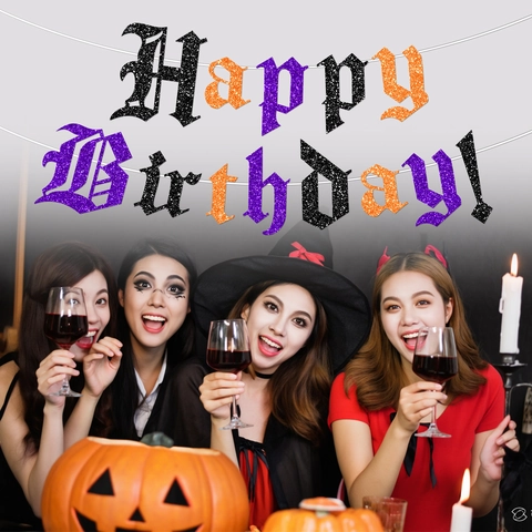 Gothic Happy Birthday Banner Glitter Halloween Birthday Party Decorations Hanging Garland Letter Bunting Photo Backdrop Sign