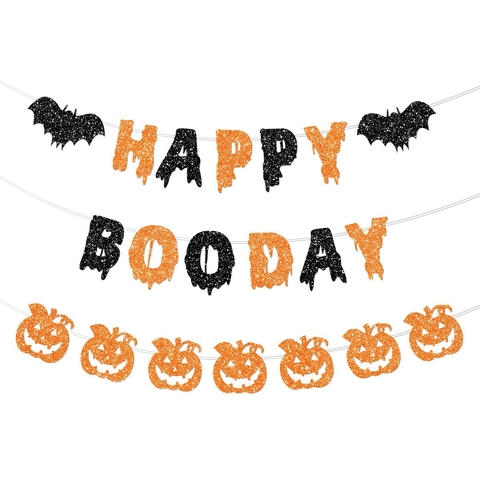 Banner Di Halloween Ghirlanda Happy Boo Day Carta Luccicante Pipistrello Zucca Decorazione Festa Interno Arancione Nero