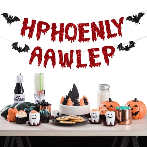 Bannière de Chauve-souris d'Halloween Guirlande Lettres Pailletées Décoration Suspendue pour Mur Fond de Fête Accessoires d'Halloween