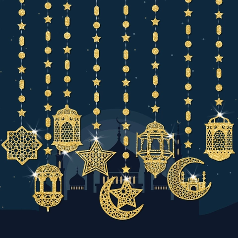 Ramadan Eid Mubarak Hanging Decorations Glitter Paper Lantern Star Moon Crescent Mosque Hanging Ornaments Home Party Ceiling Decor